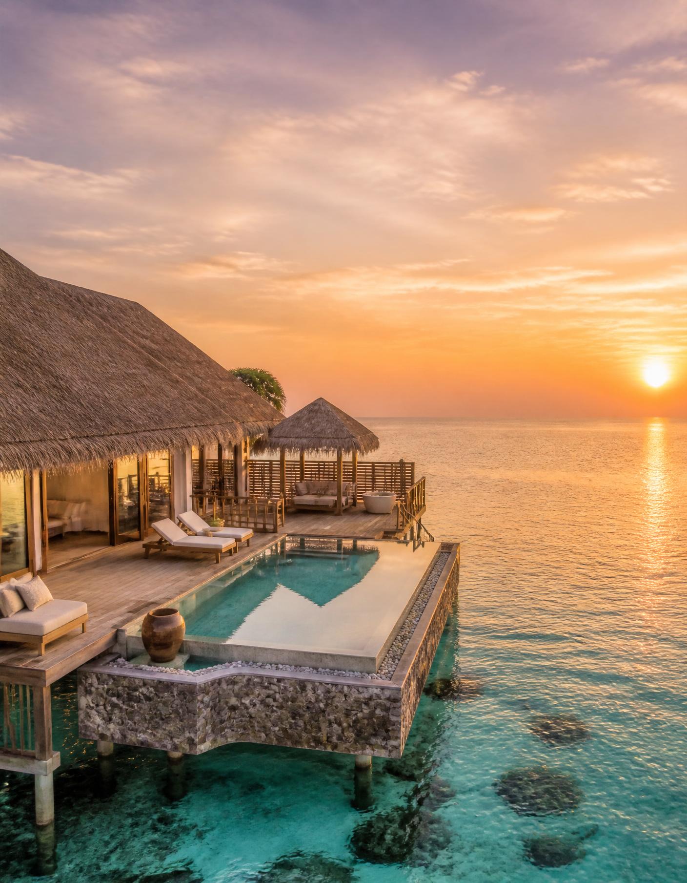 Overwater villa at twilight