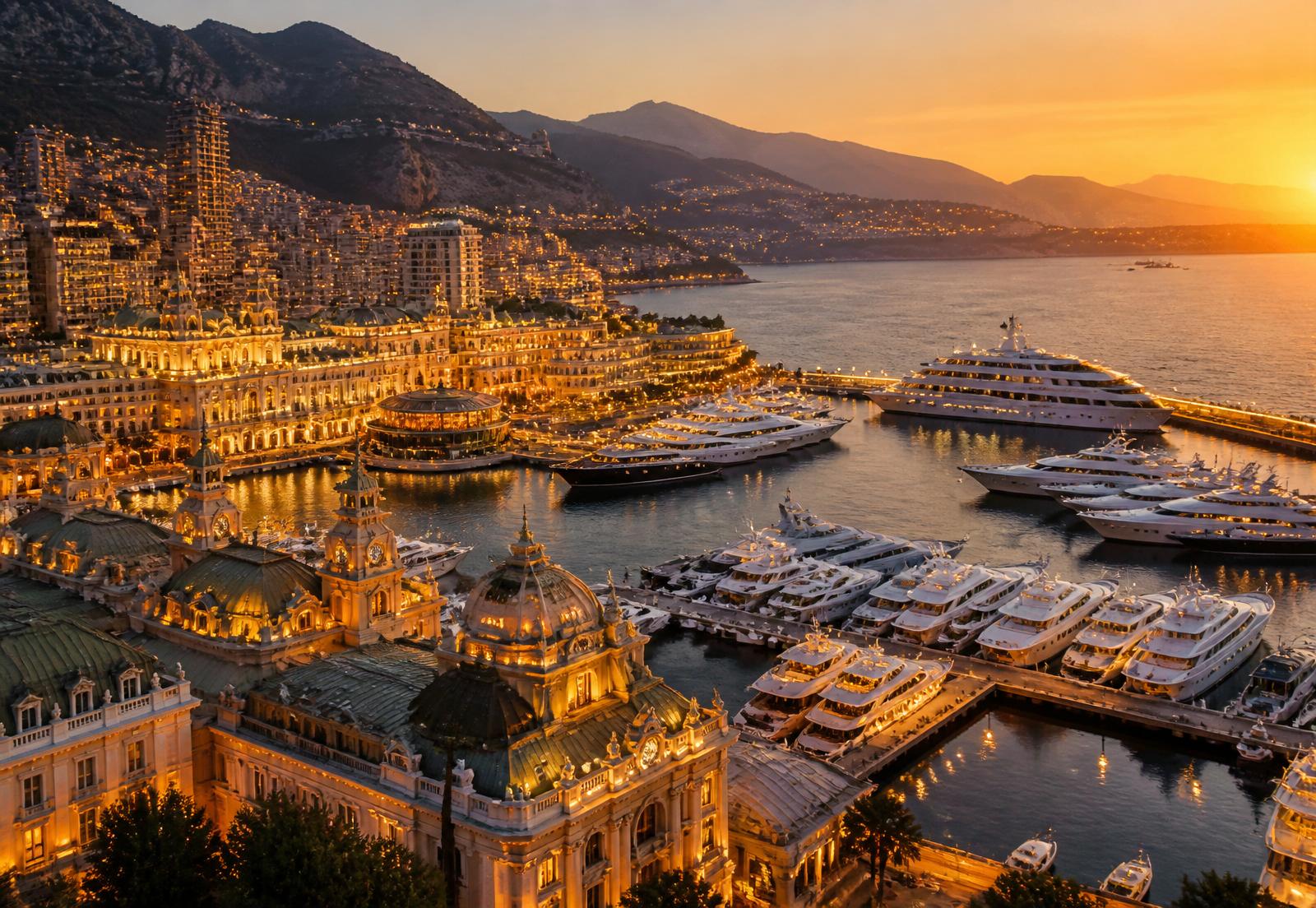 Monte Carlo harbour and Casino de Monte-Carlo at golden hour